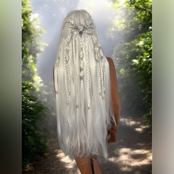 Long Platinum Blonde Braided Wig Elf Viking Mother of Dragons Lord of the Rings - Picture 10 of 12